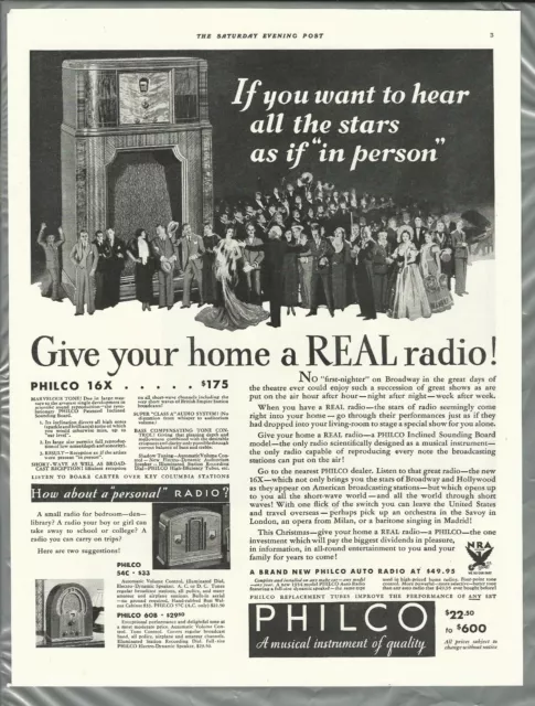 1933 PHILCO RADIO advertisement, 16X cabinet radio, 54C, 60B tabletop radios