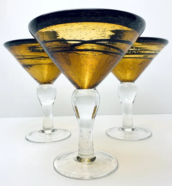 Bubble Glass Martini Cocktail Hand Blown Mexico Amber Black Swirl Rim Bar Set 3