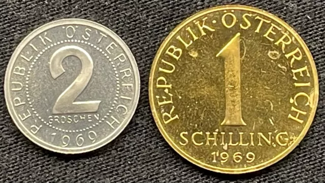 (2) 1969 Austria 1 Schilling & 2 Groschen Proof Coin Set