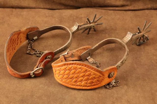 #2 Antique Texas Cowboy Western Rodeo Medium 8-Point Rowels, Tooled Strap Spurs