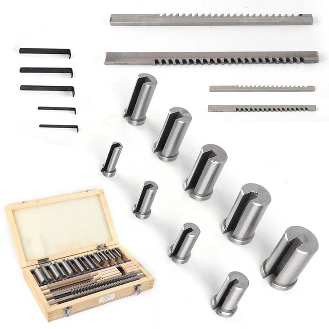 18Pcs HSS Keyway Broach Kit Set 4 broaches 9 Collared bushings 5 shims Silver