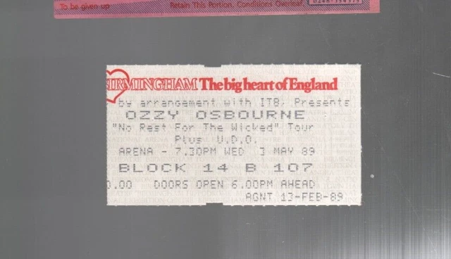 1989 OZZY OSBOURNE TICKET No Rest For The Wicked Tour NEC Arena Birmingham