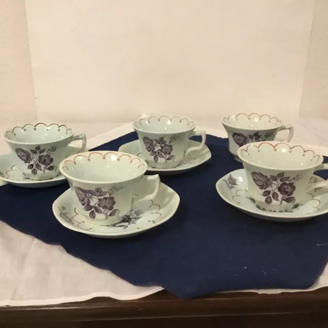 Vtg Adams Calyx Ware Regent Purple 5 Cups & 4 Saucers - - Red Backstamp