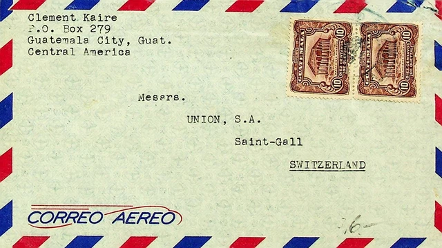 GUATEMALA 2x10c ON AIRMAIL COVER TO ST. GALLEN SWITZERLAND