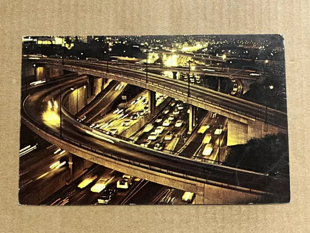 Postcard Los Angeles Harbor Freeway Night CA California Vintage 1950s