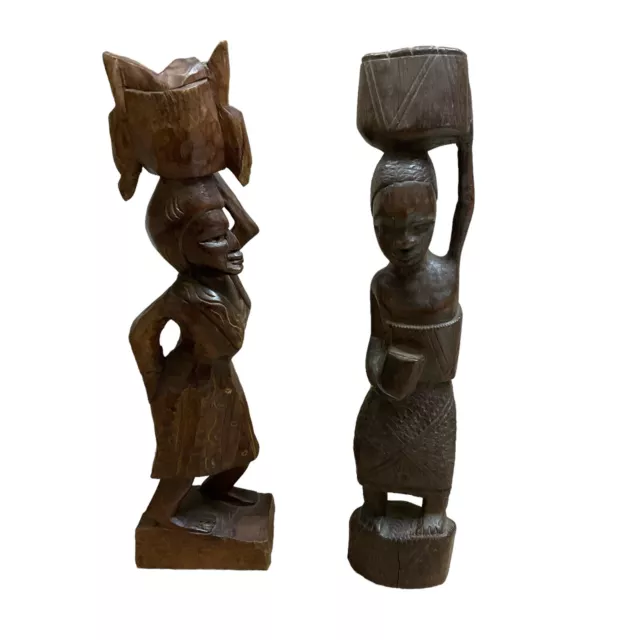 Lot of 2 Vintage Hand Carved Ebony Wood Women African Tribal Statue Art 12"