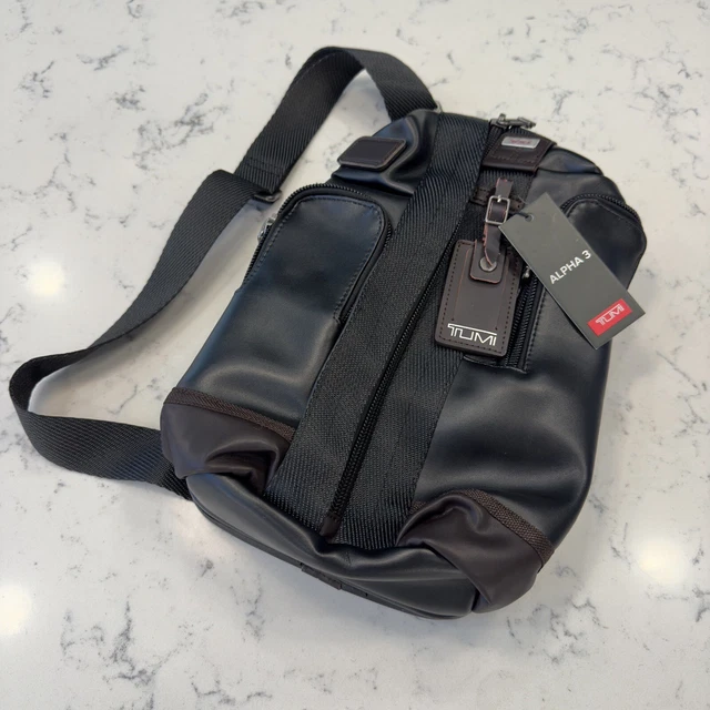 Tumi Alpha 3 Monterey Sling Shoulder Bag Black Leather w/ Brown Trim Quality