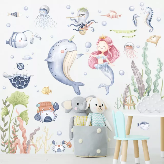 Dolphin Mermaid Wall Stickers For Kids Rooms Cartoon Ocean Fish Decal Mura:da