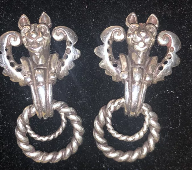 RARE Vintage Sterling Silver GARGOYLE Lion Cat Door Knocker Post Earrings Moves