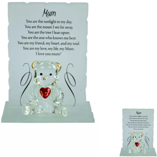 New Mum Glass Crystal Bear Gift Ornament Set Poem Poetic Writing Message Home