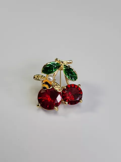 Cherries With Bee Lapel Pin Red Glass & Faux Pearl