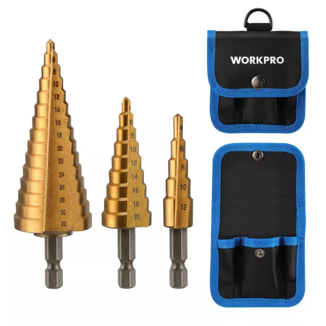 WORKPRO 3PC Step Drill Bit Set 1/4" Hex Shank Titanium Coated Drill Bits Metric