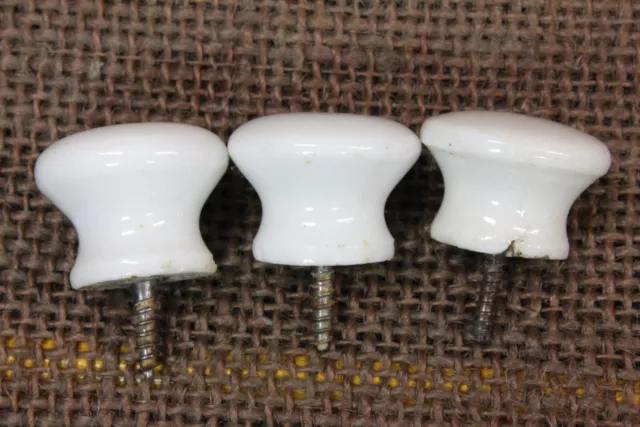 3 Old Cabinet Door Knobs Small Drawer Pulls White Porcelain 13/16 1800's Vintage