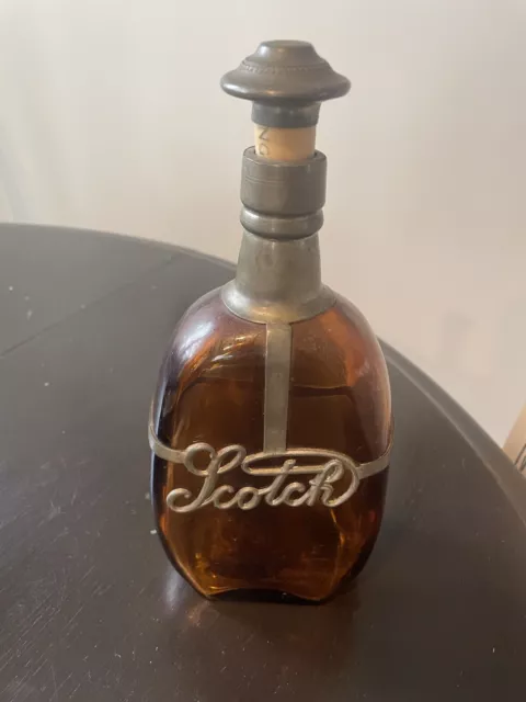 Vintage - Dark Amber Glass Scotch Bottle with Pewter Neck & Cork Stopper