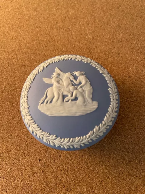 Wedgwood Japerware blue, 2 3/4 inch lidded box, Pegasus , round