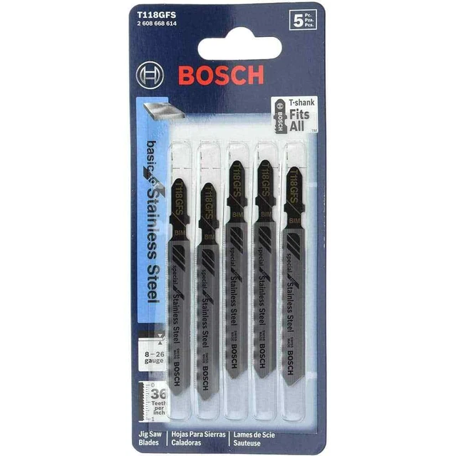 5 Pack Bosch Jigsaw Blades: HSS, 36 TPI, 0.04" Thick x 0.3" Wide, T-Shank 5 Pack Bosch Jigsaw Blades: HSS, 36 TPI, 0.04" Thick x 0.3" Wide, T-Shank