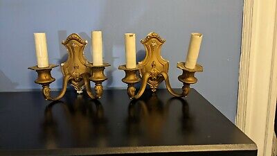 Pair of Antique Double Arm Candle Style Wall Sconces, Bronze, Electric