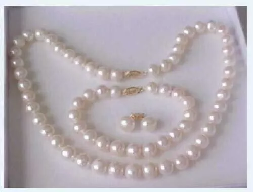 Gorgeous  8-9 MM AKOYA WHITE PEARL NECKLACE BRACELET EARRING SET 14K GOLD