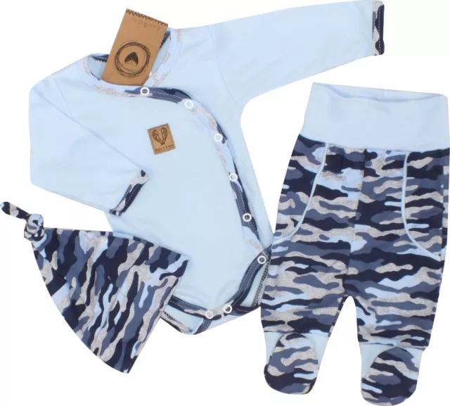 NEU Baby Jungen Set 3-teilig Body Hose + Mütze Gr. 56 62 68 Camouflage blau grau