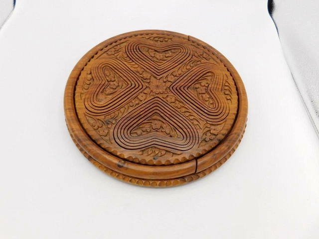 Wooden Collapsible Bowl Platter Trivet With 4 Hearts Folding Handle 9" Tall NICE