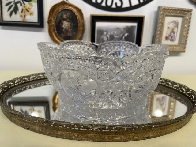 Vintage Lead Crystal Bowl Cut Glass Brilliant Bird Decor Cavan Antique