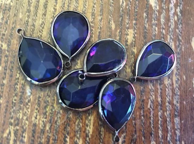 Vintage NOS Blue Sapphire Color Lucite Faceted Pear Drop Gunmetal Drops Charms