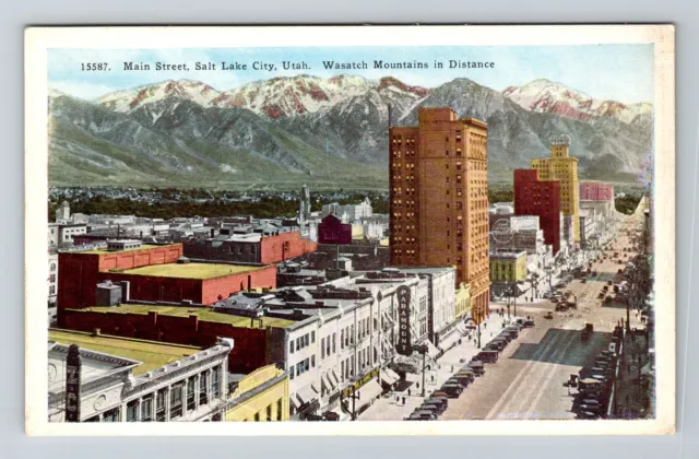 Salt Lake City UT-Utah, Main St Salt Lake City, Wasatch Mts Vintage Postcard