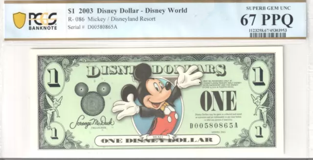 2003 $1 Disney Dollar Mickey DISNEYLAND RESORT PCGS SUPERB GEM UNC 67 PPQ