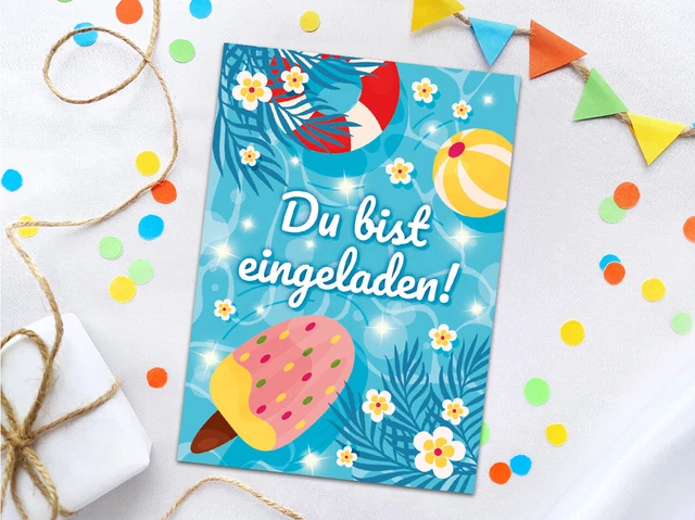 JuNa-Experten Einladungsset Schwimmbad Kindergeburtstag - 16 Karten Mit Gastgeschenken
