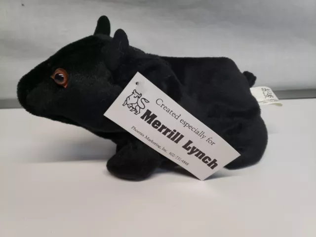 Vintage NEW Mid-90's MERRILL LYNCH Promotional Black Plush Stuffed Beanie BULL