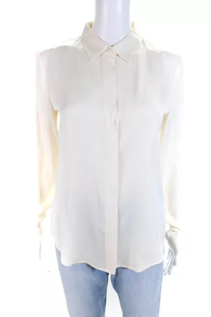 Theory Womens Ivory Silk Collar Long Sleeve Button Down Blouse Top Size S