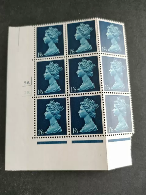 GB QEII 1967-70 1s6d Blue Cylinder Number 5A2B. SG743. MNH Block Of 9.