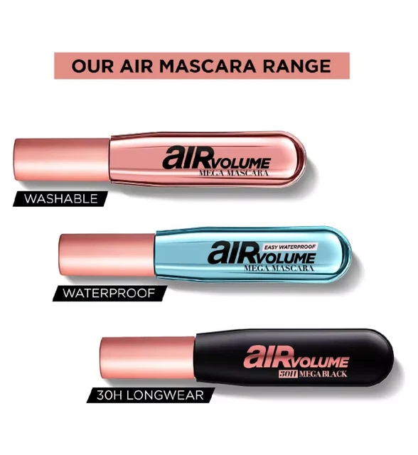 L'Oreal  Air Volume Mega Mascara, Mega Black ,30H Mega Black & Waterproof Black