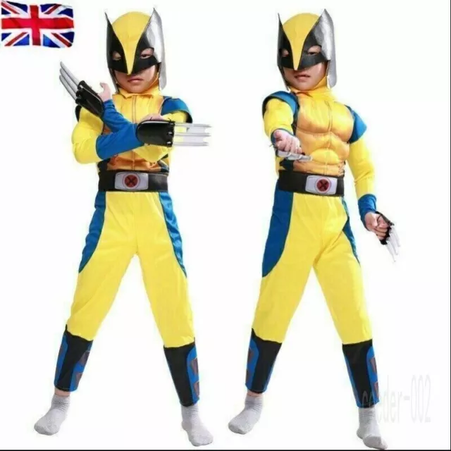 Boys Wolverine Book Week Costume Tight Muscle Suit Cosplay Party Fancy Dress DE 2