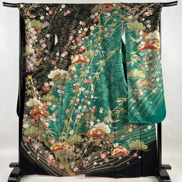 Woman Japanese Kimono Furisode Silk Pine Bamboo Plum Seigaiha Gold Foil Green