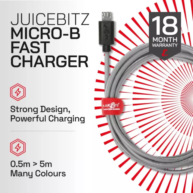 JuicEBitz® USB to Micro USB Charging Phone Cable Fast Charger Data Sync Lead