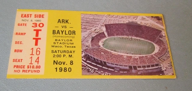 1980 Arkansas vs. Baylor Bears College Football Game Ticket Stub Mike Singletary