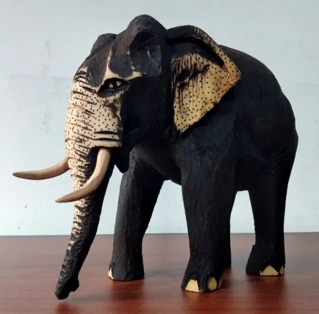 Hand Carved Wooden Elephant Art Figurine Sculpture Wood Decor Lucky Statue