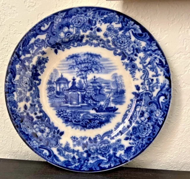 Antique WEDGWOOD Chinese Pattern Etruria England  FLOW BLUE PLATE 9.75" Pagodas