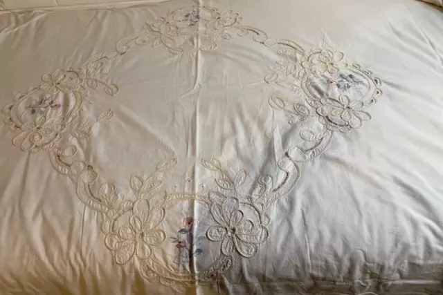 Vintage Embroidered Cutwork Linen  Handmade Twin Duvet Cover, Beige