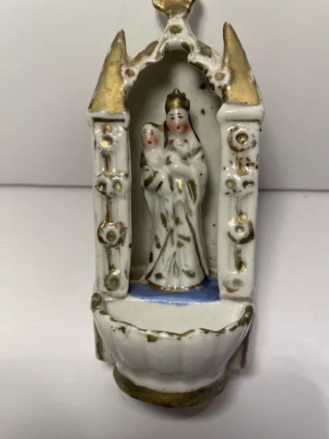 Antique Old Paris Porcelain Holy Water Font Madonna & Christ Child