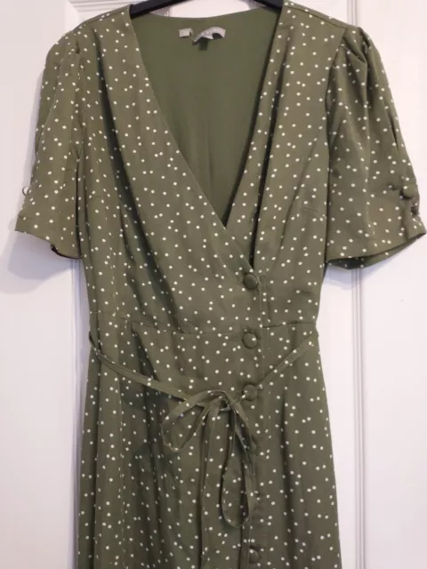 Oliver Bonas Khaki Olive Green Polkadot Tea Midi Dress Size 8 10