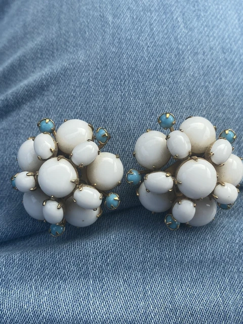 SPECTACULAR! Vintage Schreiner Large Blue & White Milk Glass Clip On Earrings