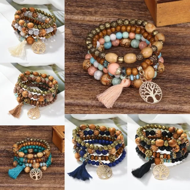 Boho Natural Stone Multilayer Crystal Beaded Bangle Bracelet Women Jewelry Gifts