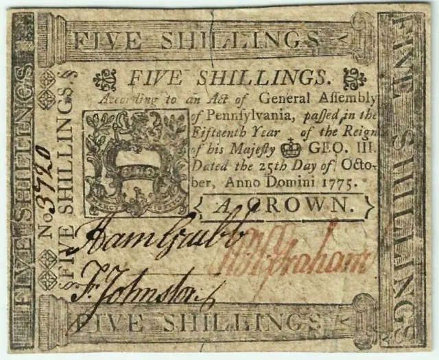 1775 Pennsylvania Colonial 5 Shilling American Revolution Note Choice Crisp New
