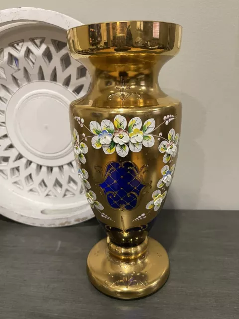 Czech Bohemian Egermann  ENAMEL  VASE  BLUE GOLD FLORAL 11.5” CZECH REPUBLIC