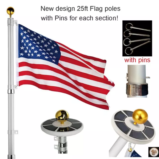 25ft Flag Pole Kit Telescopic Aluminum Flagpole Solar Lights 2 Flags