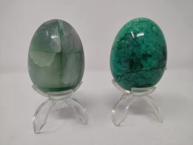 PAIR of GREEN ONYX/MARBLE EGGS on stands