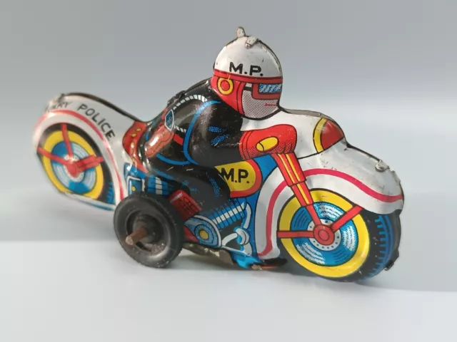 Vintage MASUDAYA MODERN TOYS JAPAN FRICTION MP MILITARY POLICE MOTO tôle 9x5 cm