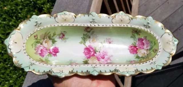 Antique 11.75" GERMAN SERVING DISH/BOWL GREEN FLORAL M.Z. GESETZLICH AUSTRIA